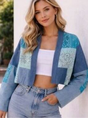 Tricia Fix Women’s Cropped Patchwork Bandana Knit Shrug - Blue & Teal